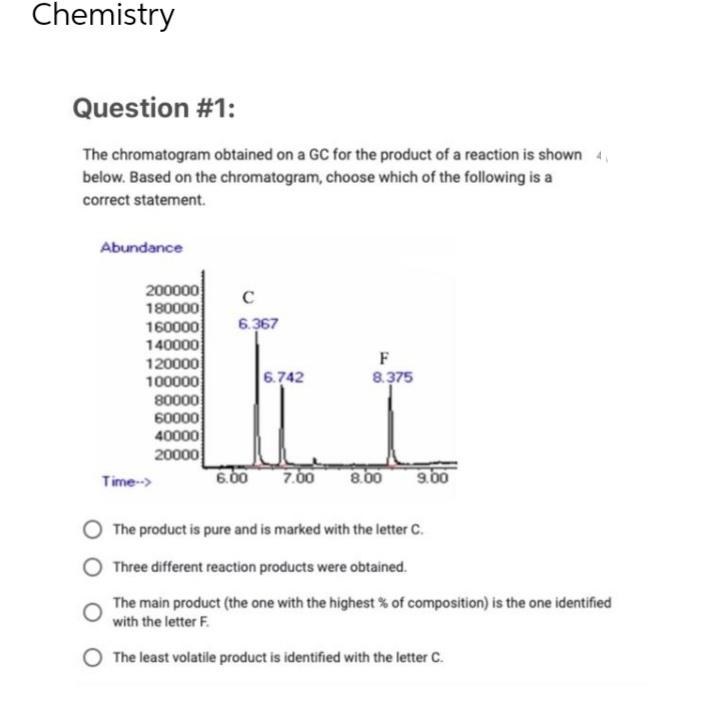 Chemistry
Question #1:
The chromatogram obtained on a GC for the product of a reaction is shown 4
below. Based on the chromatogram, choose which of the following is a
correct statement.
Abundance
200000
180000
160000
140000
120000
100000
80000
60000
40000
20000
Time-->
с
6.367
6.00
6.742
F
8.375
7.00 8.00
9.00
The product is pure and is marked with the letter C.
Three different reaction products were obtained.
The main product (the one with the highest % of composition) is the one identified
with the letter F.
The least volatile product is identified with the letter C.