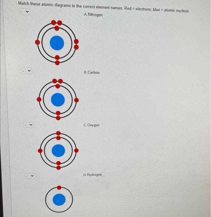 Match these atomic diagrams to the correct element names. Red = electrons; blue = atomic nucleus
A. Nitrogen
B. Carbon
C. Oxygen
D. Hydrogen