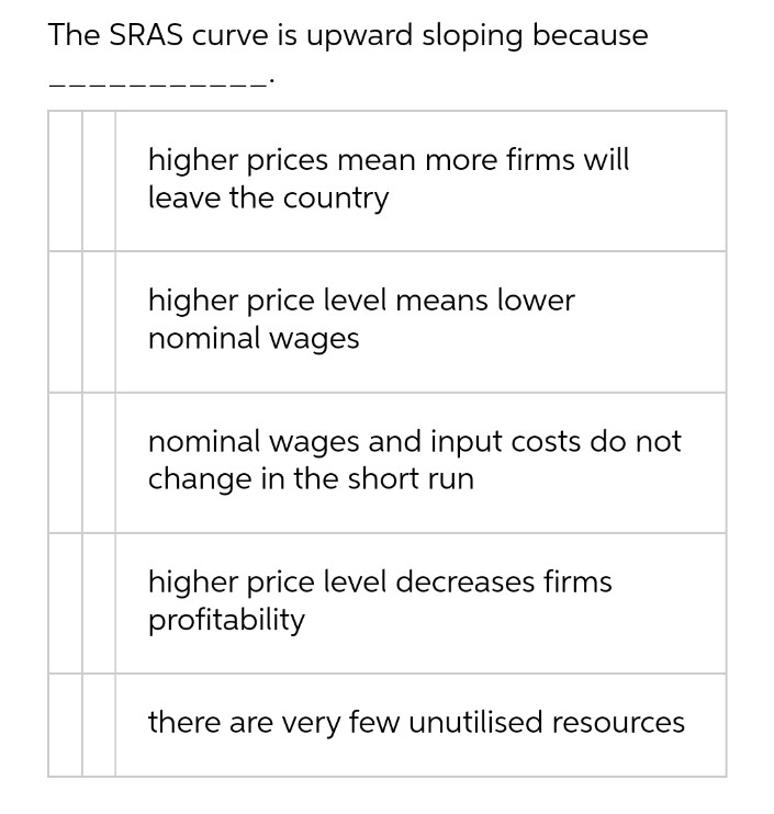 The SRAS curve is upward sloping because
higher prices mean more firms will
leave the country
higher price level means lower
nominal wages
nominal wages and input costs do not
change in the short run
higher price level decreases firms
profitability
there are very few unutilised resources
