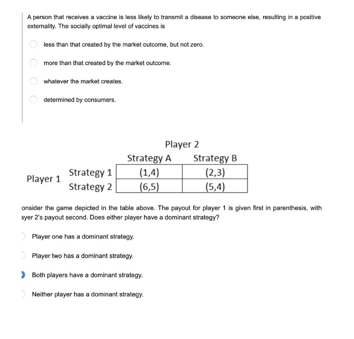 A person that receives a vaccine is less likely to transmit a disease to someone else, resulting in a positive
externality. The socially optimal level of vaccines is
less than that created by the market outcome, but not zero.
more than that created by the market outcome.
whatever the market creates.
determined by consumers.
Strategy A
Strategy B
Strategy 1
(1,4)
(2,3)
Player 1
Strategy 2
(6,5)
(5,4)
onsider the game depicted in the table above. The payout for player 1 is given first in parenthesis, with
ayer 2's payout second. Does either player have a dominant strategy?
> Player one has a dominant strategy.
> Player two has a dominant strategy.
> Both players have a dominant strategy.
> Neither player has a dominant strategy.
Player 2