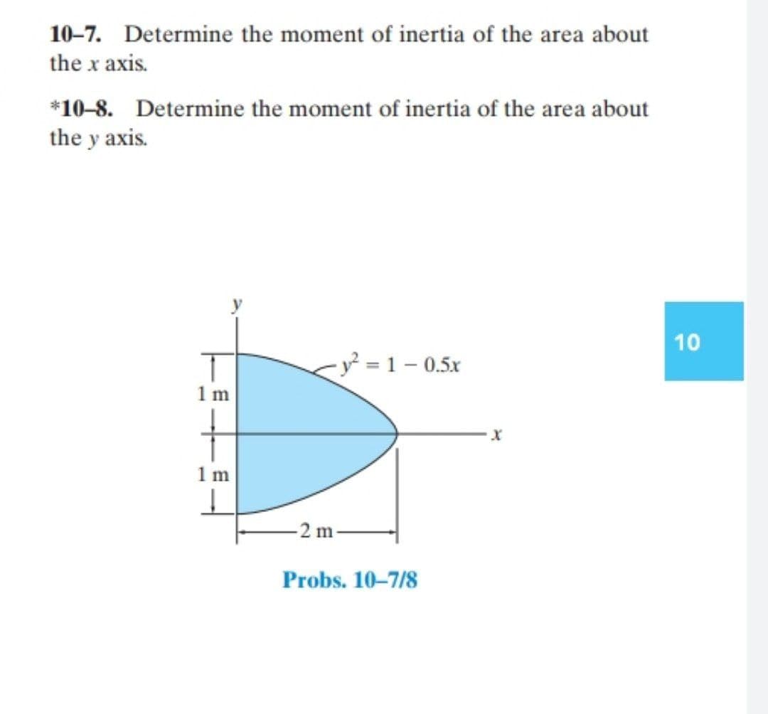 10-7. Determine the moment of inertia of the area about
the x axis.
*10-8. Determine the moment of inertia of the area about
the y axis.
10
<y² = 1 - 0.5x
1 m
1 m
-2 m
Probs. 10–7/8
