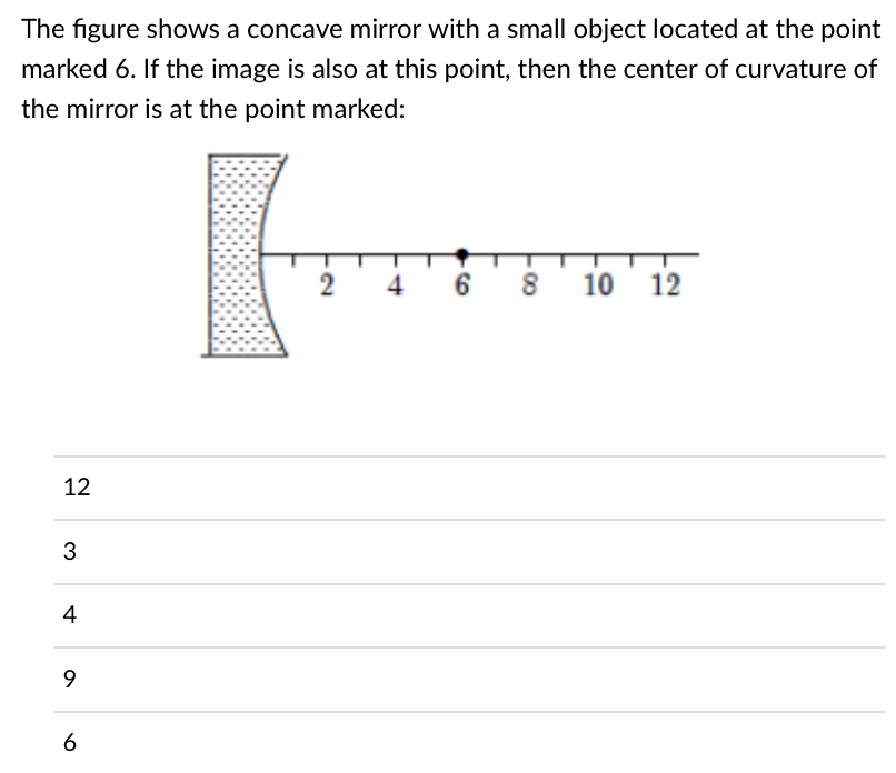 The figure shows a concave mirror with a small object located at the point
marked 6. If the image is also at this point, then the center of curvature of
the mirror is at the point marked:
24
6 8 10 12
12
3
4
9
6