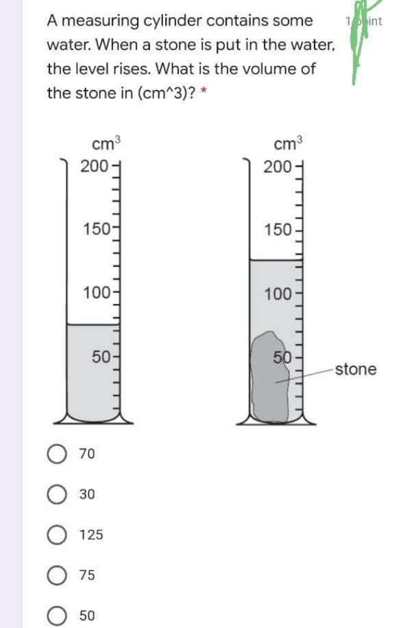 A measuring cylinder contains some
water. When a stone is put in the water,
1 int
the level rises. What is the volume of
the stone in (cm^3)? *
cm3
cm3
200
200
150
150
100-
100
50
50
stone
O 70
30
O 125
75
50
