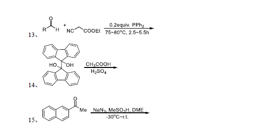 0.2equiv. PPH2
COOEt 75-80°C, 2.5-5.5h
H.
R
13.
NC
CHCOOH
H2SO4
но,
HO,
14.
Me NaNs, MESO,H, DME
-30°C-r.t.
15.
