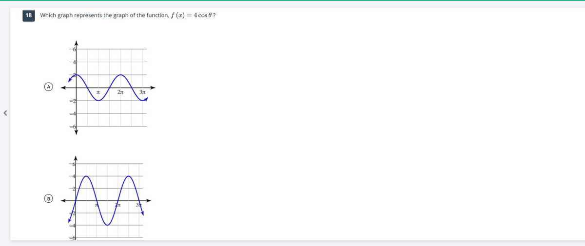 18 Which graph represents the graph of the function, f (x) = 4 cos 0 ?
