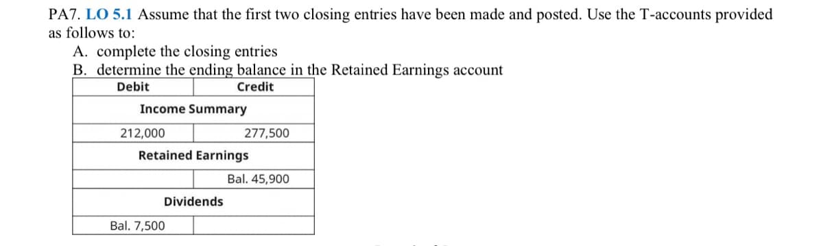 PA7. LO 5.1 Assume that the first two closing entries have been made and posted. Use the T-accounts provided
as follows to:
A. complete the closing entries
B. determine the ending balance in the Retained Earnings account
Debit
Credit
Income Summary
212,000
277,500
Retained Earnings
Bal. 45,900
Dividends
Bal. 7,500

