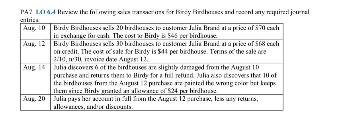 PA7. LO 6.4 Review the following sales transactions for Birdy Birdhouses and record any required journal
entries.
Aug. 10
Birdy Birdhouses sells 20 birdhouses to customer Julia Brand at a price of $70 each
in exchange for cash. The cost to Birdy is $46 per birdhouse.
Birdy Birdhouses sells 30 birdhouses to customer Julia Brand at a price of $68 each
on credit. The cost of sale for Birdy is $44 per birdhouse. Terms of the sale are
2/10, n/30, invoice date August 12.
Julia discovers 6 of the birdhouses are slightly damaged from the August 10
purchase and returns them to Birdy for a full refund. Julia also discovers that 10 of
the birdhouses from the August 12 purchase are painted the wrong color but keeps
them since Birdy granted an allowance of $24 per birdhouse.
Julia pays her account in full from the August 12 purchase, less any returns,
allowances, and/or discounts.
Aug. 12
Aug. 14
Aug. 20

