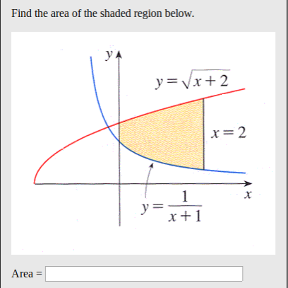 Find the area of the shaded region below.
у
y =Vx 2
x=2
1
y=-
x1
Area
