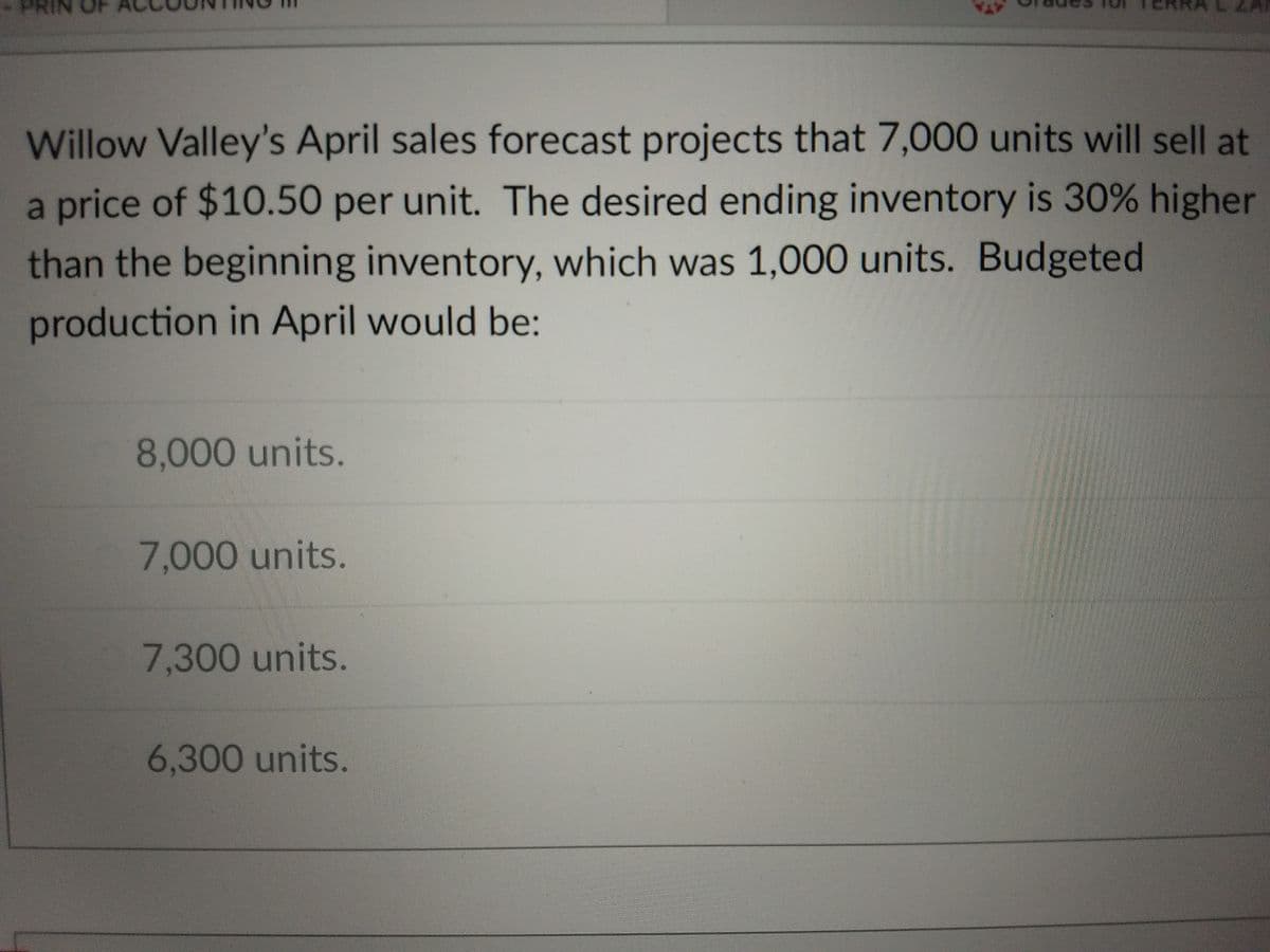 PRIN
Willow Valley's April sales forecast projects that 7,000 units will sell at
a price of $10.50 per unit. The desired ending inventory is 30% higher
than the beginning inventory, which was 1,000 units. Budgeted
production in April would be:
8,000 units.
7,000 units.
7,300 units.
6,300 units.
