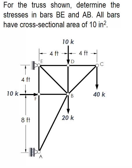 For the truss shown, determine the
stresses in bars BE and AB. All bars
have cross-sectional area of 10 in?.
10 k
4 ft
4 ft
'D
4 ft
10 k.
40 k
В
20 k
8 ft
B.
