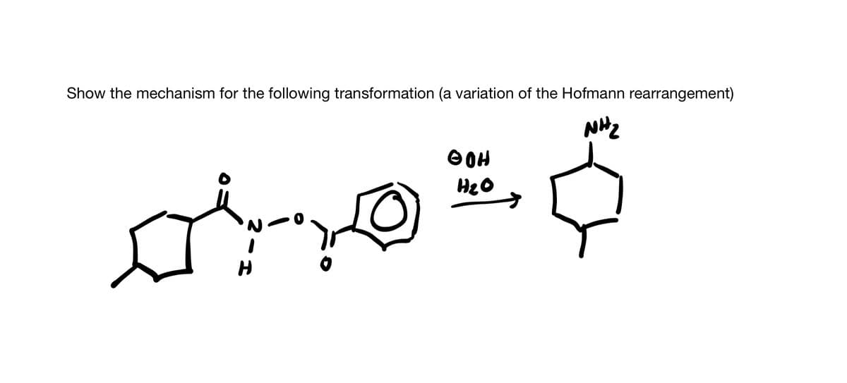 Show the mechanism for the following transformation (a variation of the Hofmann rearrangement)
HeO
