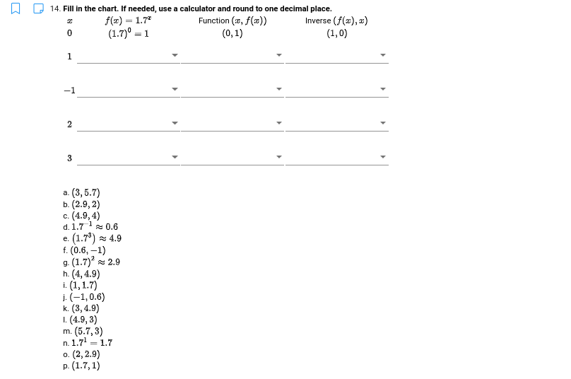 14. Fill in the chart. If needed, use a calculator and round to one decimal place.
Function (x, f(x))
f(x) = 1.7
(1.7)° = 1
(0, 1)
Inverse (f(x), æ)
(1,0)
-1
3
а. (3, 5.7)
b. (2.9, 2)
с. (4.9, 4)
d. 1.7 0.6
e. (1.7) = 4.9
f. (0.6, –1)
g. (1.7)' 2.9
h. (4, 4.9)
i. (1,1.7)
j. (-1,0.6)
k. (3, 4.9)
1. (4.9, 3)
m. (5.7, 3)
n. 1.7! = 1.7
o. (2, 2.9)
р. (1.7, 1)
2.
