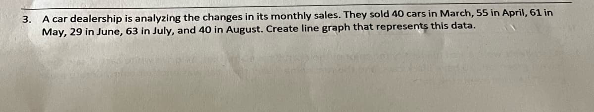 A car dealership is analyzing the changes in its monthly sales. They sold 40 cars in March, 55 in April, 61 in
May, 29 in June, 63 in July, and 40 in August. Create line graph that represents this data.
3.
