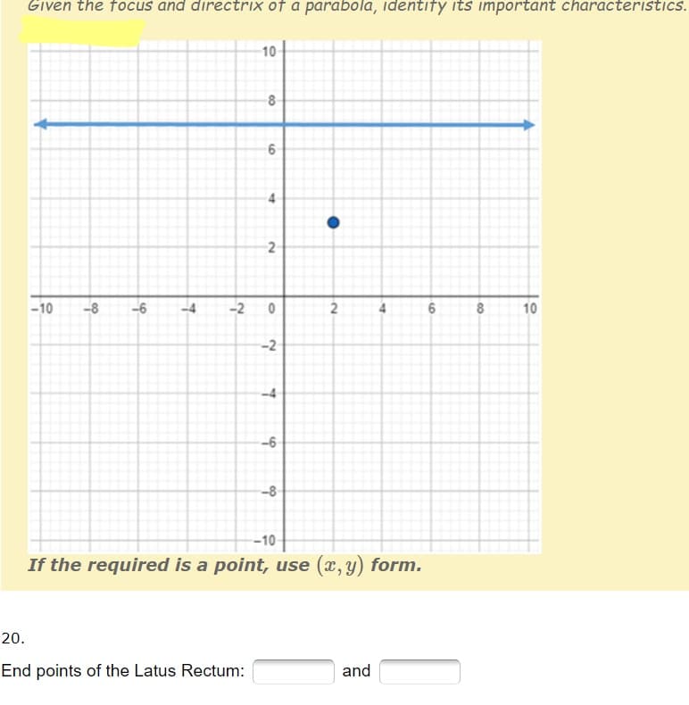 Given the focus and directrix of a parabola, identify its important characteristics.
10
8
-10
-8
-6
-4
-2 0
8
10
-2
-4
-6
-8
--10
If the required is a point, use (x, y) form.
20.
End points of the Latus Rectum:
and
2.
4.
2.
