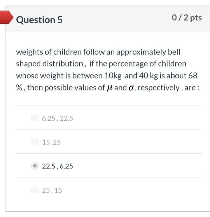 Question 5
0/2 pts
weights of children follow an approximately bell
shaped distribution, if the percentage of children
whose weight is between 10kg and 40 kg is about 68
%, then possible values of l and o, respectively, are :
6.25 , 22.5
15 ,25
22.5 , 6.25
25, 15
