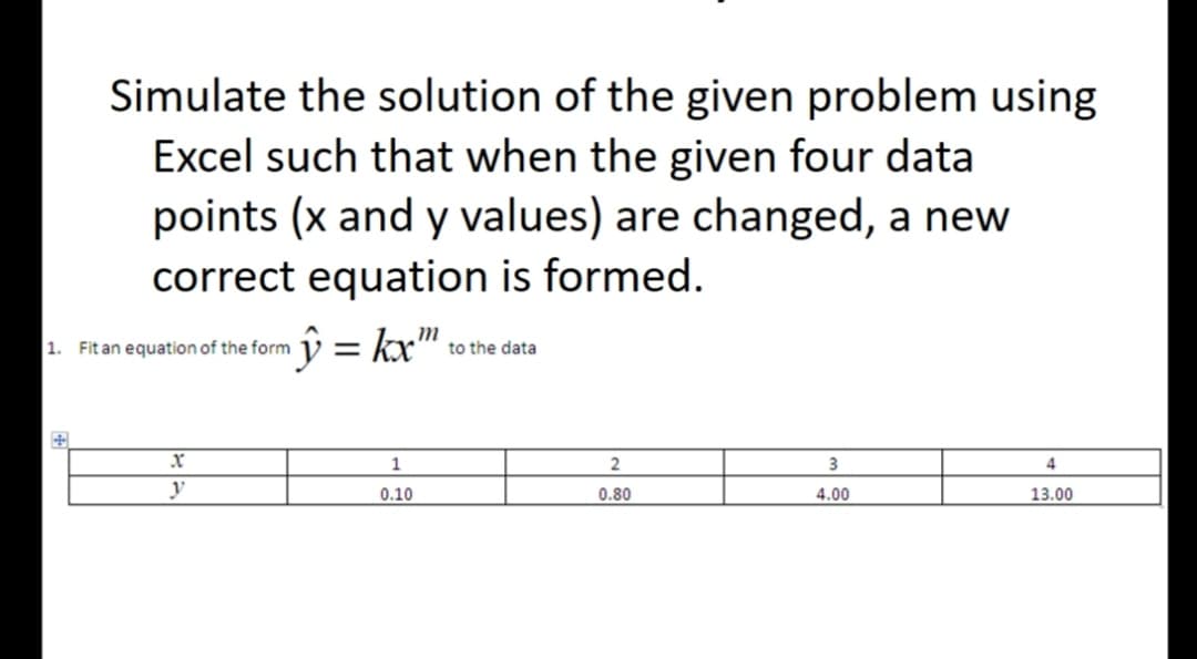 Simulate the solution of the given problem using
Excel such that when the given four data
points (x and y values) are changed, a new
correct equation is formed.
m
1. Fit an equation of the form ¹ŷ = kx™
x
y
1
0.10
to the data
2
0.80
3
4.00
4
13.00