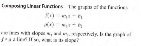 Composing Linear Functions The graphs of the functions
f(x) = mx + b
%3D
g(x) = m2x + b,
are lines with slopes m, and m2, respectively. Is the graph of
foga line? If so, what is its slope?

