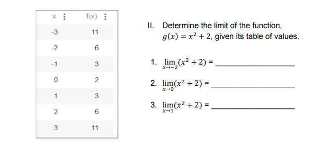 f(x):
II.
g(x) = x² + 2, given its table of values.
Determine the limit of the function,
-3
11
-2
6
1. lim (x² + 2) =
-1
X--2
2. lim(x² + 2) =
1
3
3. lim(x² + 2) =
X-1
11
