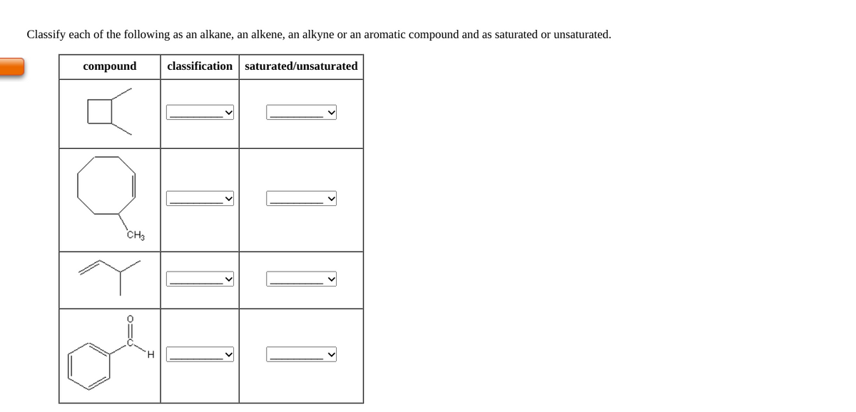 Classify each of the following as an alkane, an alkene, an alkyne or an aromatic compound and as saturated or unsaturated.
compound
classification saturated/unsaturated
CH3
H.
