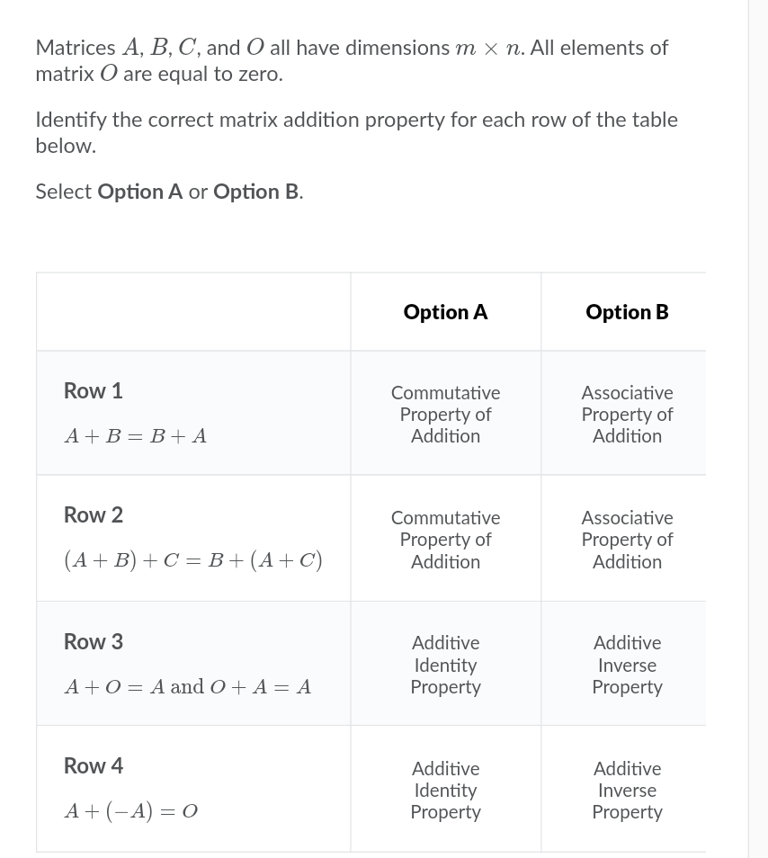 Matrices A, B, C, and O all have dimensions m x n. All elements of
matrix O are equal to zero.
Identify the correct matrix addition property for each row of the table
below.
Select Option A or Option B.
Option A
Option B
Row 1
Commutative
Associative
Property of
Addition
Property of
Addition
A +B = B+ A
Row 2
Associative
Property of
Addition
Commutative
Property of
Addition
(A+ B) + C = B+(A+C)
Row 3
Additive
Additive
Identity
Property
Inverse
Property
A + O = A and O+ A = A
Row 4
Additive
Additive
Identity
Property
Inverse
A + (-A) = 0
Property
