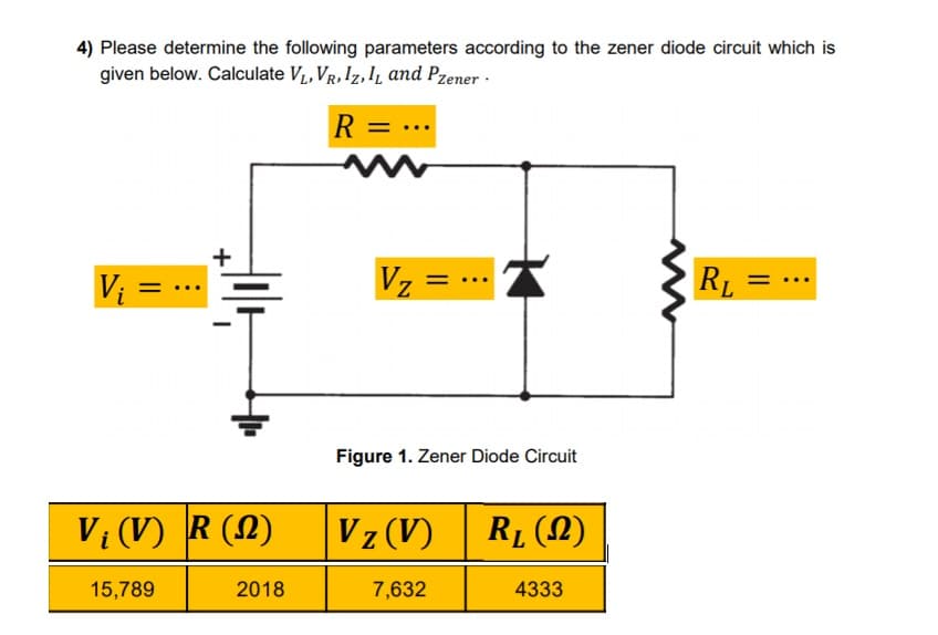 4) Please determine the following parameters according to the zener diode circuit which is
given below. Calculate VĻ, VR, Iz, IL and Pzener ·
R = ...
Vi =
Vz = --
R, = ...
...
Figure 1. Zener Diode Circuit
Vi (V) R (N)
Vz (V)
R1 (N)
15,789
2018
7,632
4333
