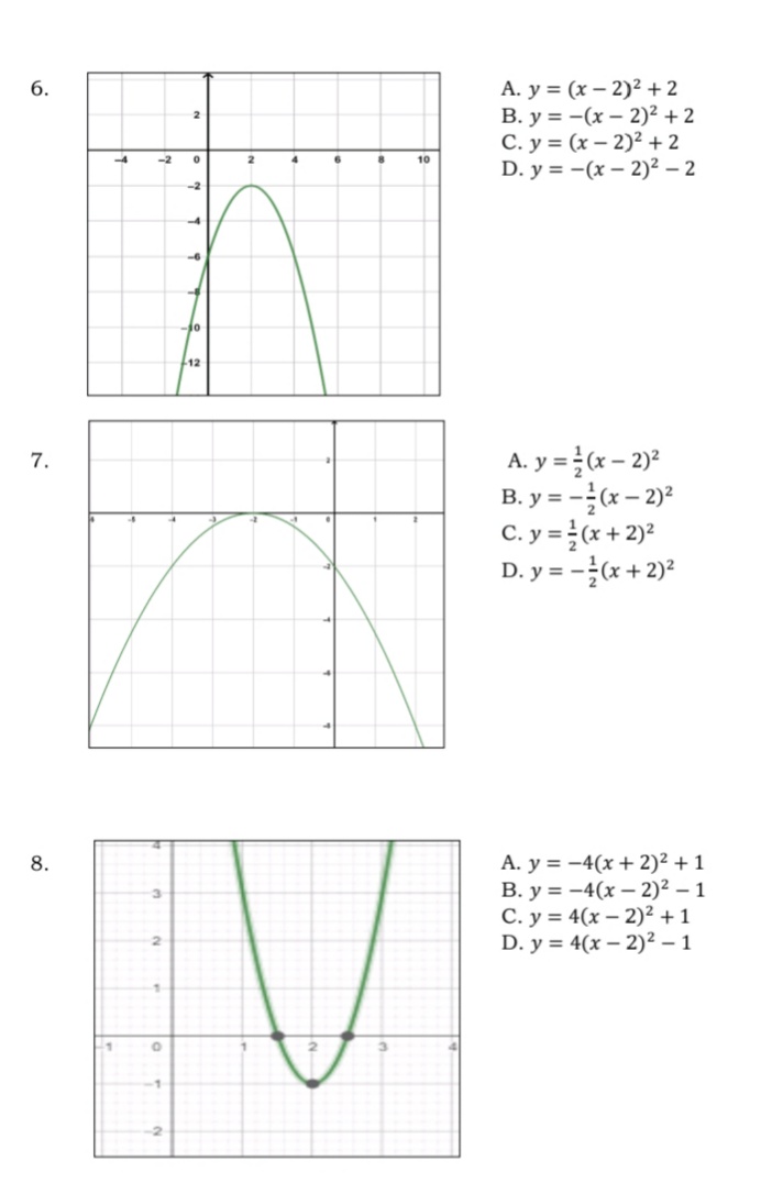 A. y = (x – 2)² + 2
B. y = -(x – 2)² + 2
C. y = (x – 2)² + 2
D. y = -(x – 2)² – 2
6.
2
-4
-2
10
-2
12
A. y = (x – 2)²
B. y = -(x – 2)²
C. y = (x + 2)²
D. y = -(x + 2)2
7.
A. y = -4(x + 2)² + 1
В. у %3D -4 (х — 2)2 - 1
C. y = 4(x – 2)² + 1
D. y = 4(x – 2)² – 1
8.
