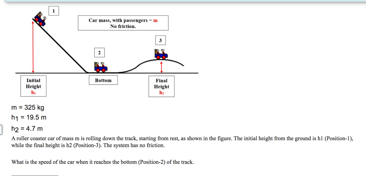 Initial
Height
m =
325 kg
h₁ = 19.5 m
Car mass, with passengers = m
No friction.
2
Bottom
3
Final
Height
h₂
h2 = 4.7 m
A roller coaster car of mass m is rolling down the track, starting from rest, as shown in the figure. The initial height from the ground is h1 (Position-1),
while the final height is h2 (Position-3). The system has no friction.
What is the speed of the car when it reaches the bottom (Position-2) of the track.