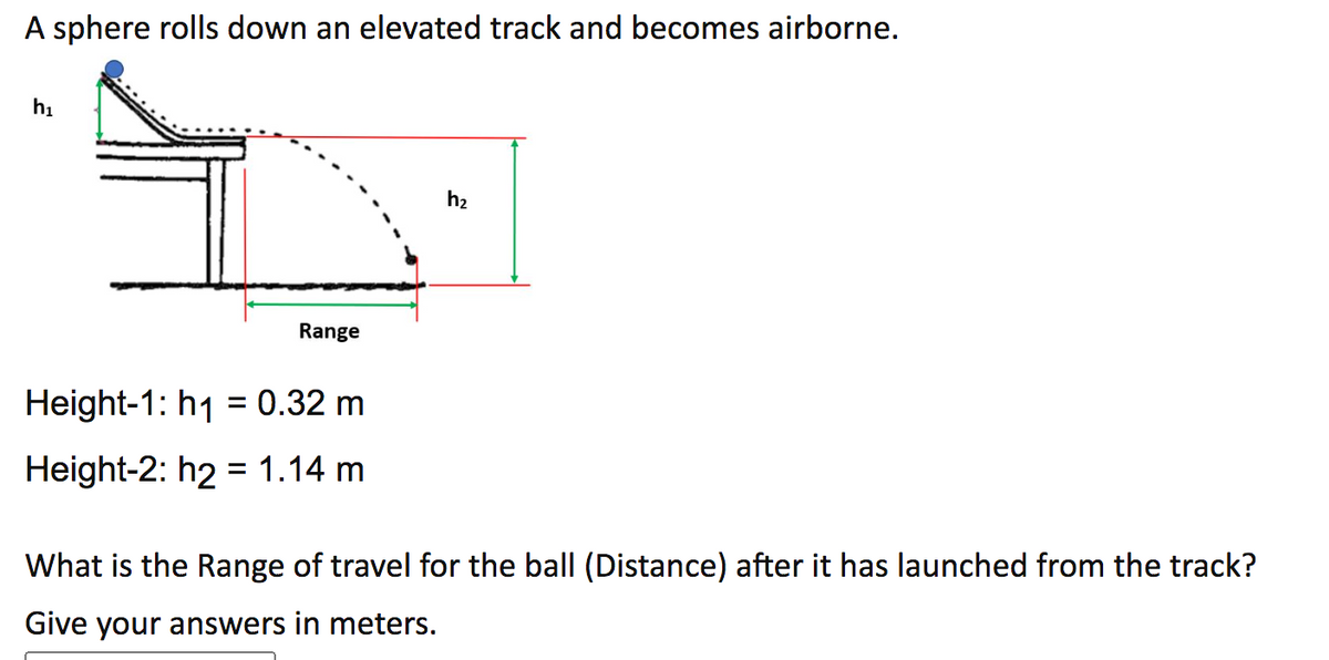 A sphere rolls down an elevated track and becomes airborne.
h₁
Range
Height-1: h1 = 0.32 m
Height-2: h2 = 1.14 m
h₂
What is the Range of travel for the ball (Distance) after it has launched from the track?
Give your answers in meters.