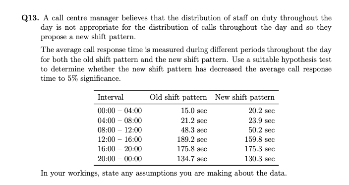 Q13. A call centre manager believes that the distribution of staff on duty throughout the
day is not appropriate for the distribution of calls throughout the day and so they
propose a new shift pattern.
The average call response time is measured during different periods throughout the day
for both the old shift pattern and the new shift pattern. Use a suitable hypothesis test
to determine whether the new shift pattern has decreased the average call response
time to 5% significance.
Old shift pattern New shift pattern
Interval
00:00 - 04:00
15.0 sec
20.2 sec
04:00-08:00
21.2 sec
23.9 sec
08:00 - 12:00
48.3 sec
50.2 sec
12:00 - 16:00
189.2 sec
159.8 sec
16:00 - 20:00
175.8 sec
175.3 sec
20:00 - 00:00
134.7 sec
130.3 sec
In your workings, state any assumptions you are making about the data.