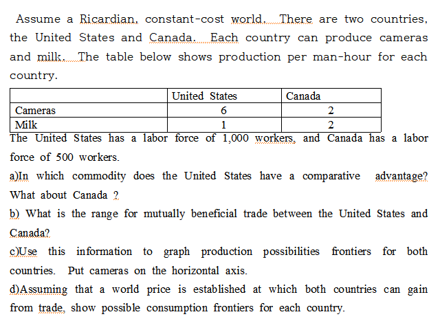 Assume a Ricardian, constant-cost world. There are two countries,
the United States and Canada. Each country can produce cameras
and millk. The table below shows production per man-hour for each
country.
United States
Canada
Cameras
6
Milk
1
2
The United States has a labor force of 1,000 workers, and Canada has a labor
force of 500 workers.
a)In which commodity does the United States have a comparative advantage?
What about Canada ?
b) What is the range for mutually beneficial trade between the United States and
Canada?
c)Use this information to graph production possibilities frontiers for both
countries. Put cameras on the horizontal axis.
d)Assuming that a world price is established at which both countries can gain
from trade, show possible consumption frontiers for each country.
م م م م م م م م م مه م
