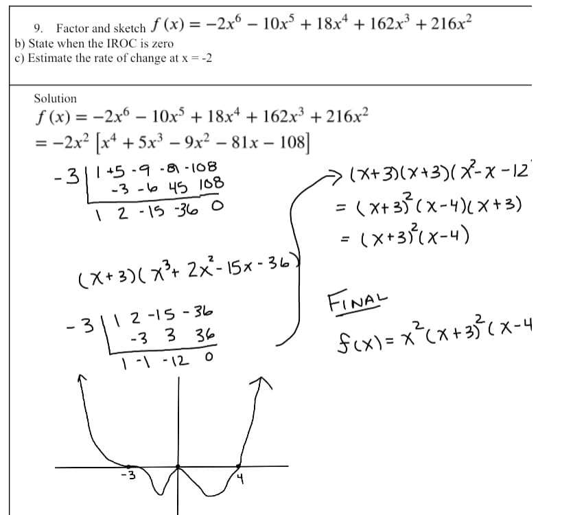 Factor and sketch f (x) = -2x° – 10x° + 18x* + 162x³ + 216x²
b) State when the IROC is zero
c) Estimate the rate of change at x = -2
Solution
f (x) = -2x6 – 10x³ + 18x4 + 162.x³ + 216x²
-2x² [x* + 5x³ – 9x² – 81x – 108
%3D
3|1 +5 -9 -8 - 108
-3 -6 45 108
(X+3(メ+3)(-x-12
= ( X+33 (x-4)x+3)
- (x+33(x-4)
| 2 - 15 -3 o
(X+ 3)( x°+ 2x- 15x - 36)
3112-1s - 36
-3 3 36
FINAL
fex) = x°cx+3°( x-4
1-| -12 o
-3
