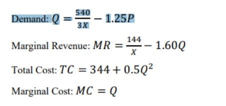 540
Demand: Q
1.25P
3X
144
Marginal Revenue: MR =
- 1.60Q
Total Cost: TC = 344 + 0.5Q2
Marginal Cost: MC = Q
