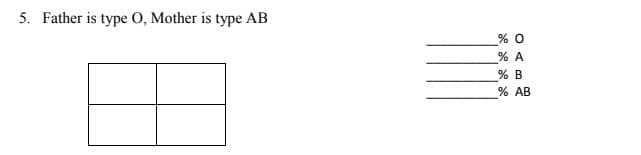 5. Father is type O, Mother is type AB
% 0
% A
% B
% AB
