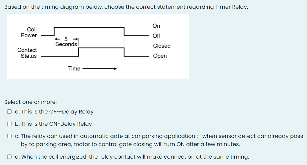 Based on the timing diagram below, choose the correct statement regarding Timer Relay.
On
Coil
Power
ff
+ 5 →
Seconds
Closed
Contact
Status
Open
Time
Select one or more:
O a. This is the OFF-Delay Relay
O b. This is the ON-Delay Relay
O c. The relay can used in automatic gate at car parking application :- when sensor detect car already pass
by to parking area, motor to control gate closing will turn ON after a few minutes.
O d. When the coil energized, the relay contact will make connection at the same timing.
