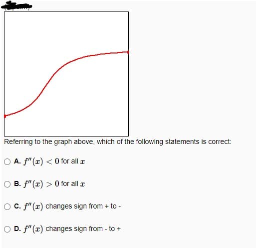 Referring to the graph above, which of the following statements is correct:
OA. f"(x) < 0 for all a
OB. f"(x) > 0 for all a
OC. f"(x) changes sign from + to -
OD. f"(x) changes sign from - to +