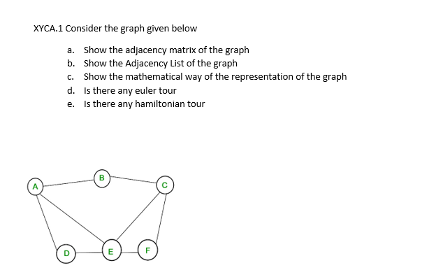 XYCA.1 Consider the graph given below
a. Show the adjacency matrix of the graph
b. Show the Adjacency List of the graph
c. Show the mathematical way of the representation of the graph
d. Is there any euler tour
e. Is there any hamiltonian tour

