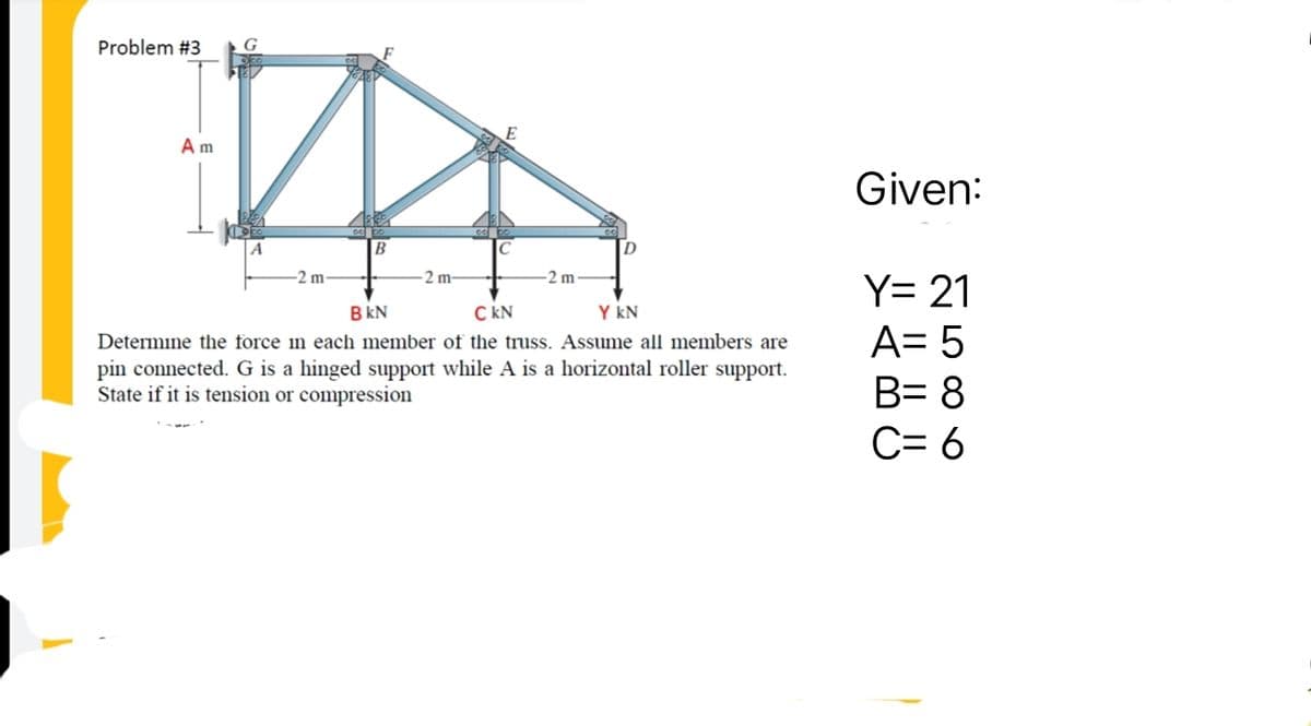 Problem #3
D
A
B
-2 m-
Am
-2 m-
BkN
-2 m
C KN
Y KN
Determine the force in each member of the truss. Assume all members are
pin connected. G is a hinged support while A is a horizontal roller support.
State if it is tension or compression
Given:
Y= 21
A= 5
B= 8
C= 6