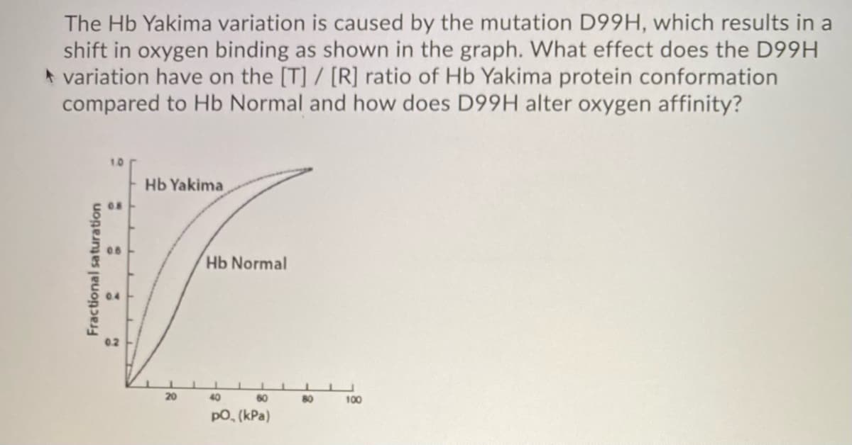 The Hb Yakima variation is caused by the mutation D99H, which results in a
shift in oxygen binding as shown in the graph. What effect does the D99H
variation have on the [T] / [R] ratio of Hb Yakima protein conformation
compared to Hb Normal and how does D99H alter oxygen affinity?
Fractional saturation
1.0
2
Hb Yakima
20
Hb Normal
40
60
po, (kPa)
80
100