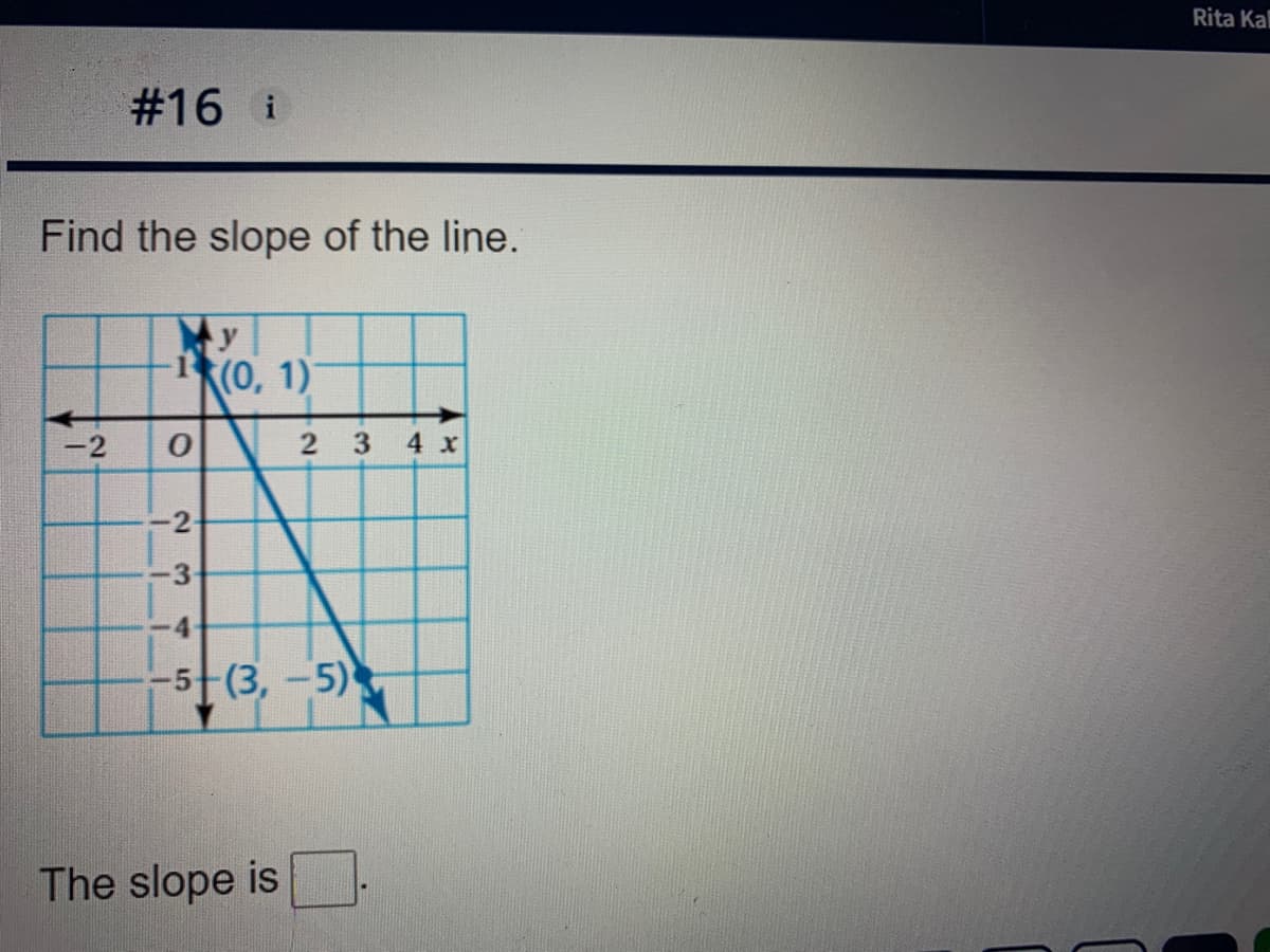 Rita Kal
#16 i
Find the slope of the line.
(0, 1)
-2
4 x
2
-5-(3, -5)
The slope is
2.
3.
