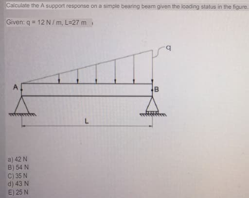Calculate the A support response on a simple bearing beam given the loading status in the figure.
Given: q = 12 N/ m, L=27 m
%3D
L
a) 42 N
B) 54 N
C) 35 N
d) 43 N
E) 25 N
