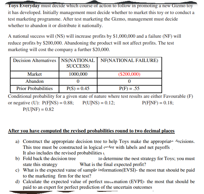 Toys Everyday must decide which course of action to follow in promoting a new Gizmo toy
it has developed. Initially management must decide whether to market this toy or to conduct a
test marketing programme. After test marketing the Gizmo, management must decide
whether to abandon it or distribute it nationally.
A national success will (NS) will increase profits by $1,000,000 and a failure (NF) will
reduce profits by $200,000. Abandoning the product will not affect profits. The test
marketing will cost the company a further $20,000.
Decision Alternatives NS(NATIONAL | NF(NATIONAL FAILURE)
SUCCESS)
Market
1000,000
($200,000)
Abandon
Prior Probabilities
P(S) = 0.45
P(F) = .55
Conditional probability for a given state of nature where test results are either Favourable (F)
P(U|NS) = 0.12;
or negative (U): P(F]NS) = 0.88;
P(U|NF) = 0.82
P(F|NF) = 0.18;
After you have computed the revised probabilities round to two decimal places
a) Construct the appropriate decision tree to help Toys make the appropriate decisions.
This tree must be constructed in logical prder with labels and net payoffs
It also includes the revised probabilities (
b) Fold back the decision tree
to determine the dest strategy for Toys; you must
state this strategy
c) What is the expected value of sample information(EVSI)- the most that should be paid
to the marketing firm for the test?
d) Calculate the expected value of perfect iniuimation (EVPI)- the most that should be
paid to an expert for perfect prediction of the uncertain outcomes
What is the final expected profit?
