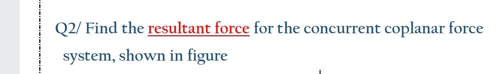 Q2/ Find the resultant force for the concurrent coplanar force
system, shown in figure
