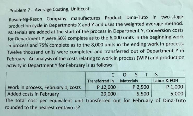 Problem 7- Average Costing, Unit cost
Rason-Ng-Rason Company manufactures Product Dina-Tuto in two-stage
production cycle in Departments X and Y and uses the weighted average method.
Materials are added at the start of the process in Department Y, Conversion costs
for Department Y were 50% complete as to the 6,000 units in the beginning work
in process and 75% complete as to the 8,000 units in the ending work in process.
Twelve thousand units were completed and transferred out of Department Y in
February. An analysis of the costs relating to work in process (WIP) and production
activity in Department Y for February is as follows:
C
O S
Transferred In
Materials
Labor & FOH
P 1,000
5,000
The total cost per equivalent unit transferred out for February of Dina-Tuto
Work in process, February 1, costs
Added costs in February
P 2,500
5,500
P 12,000
29,000
rounded to the nearest centavo is?
