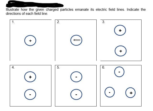 Illustrate how the given charged particles emanate its electric field lines. Indicate the
directions of each field line.
1.
2.
3.
4.
5.
6.
+

