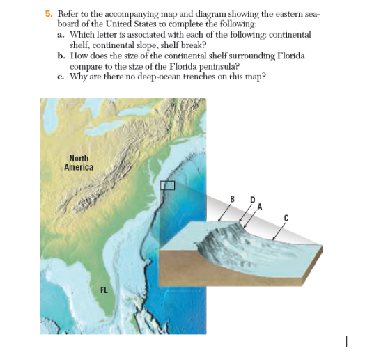 5. Refer to the accompanying map and diagram showing the eastern sea-
board of the United States to complete the following:
a. Which letter is associated with each of the following: continental
shelf, continental slope, shelf break?
b. How does the size of the continental shelf surrounding Florida
compare to the size of the Florida peninsula?
c. Why are there no deep-ocean trenches on this map?
North
America
FL
C