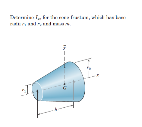 Determine Ixx for the cone frustum, which has base
radii ₁ and ₂ and mass m.
1
-h-
y
I
G
72
x