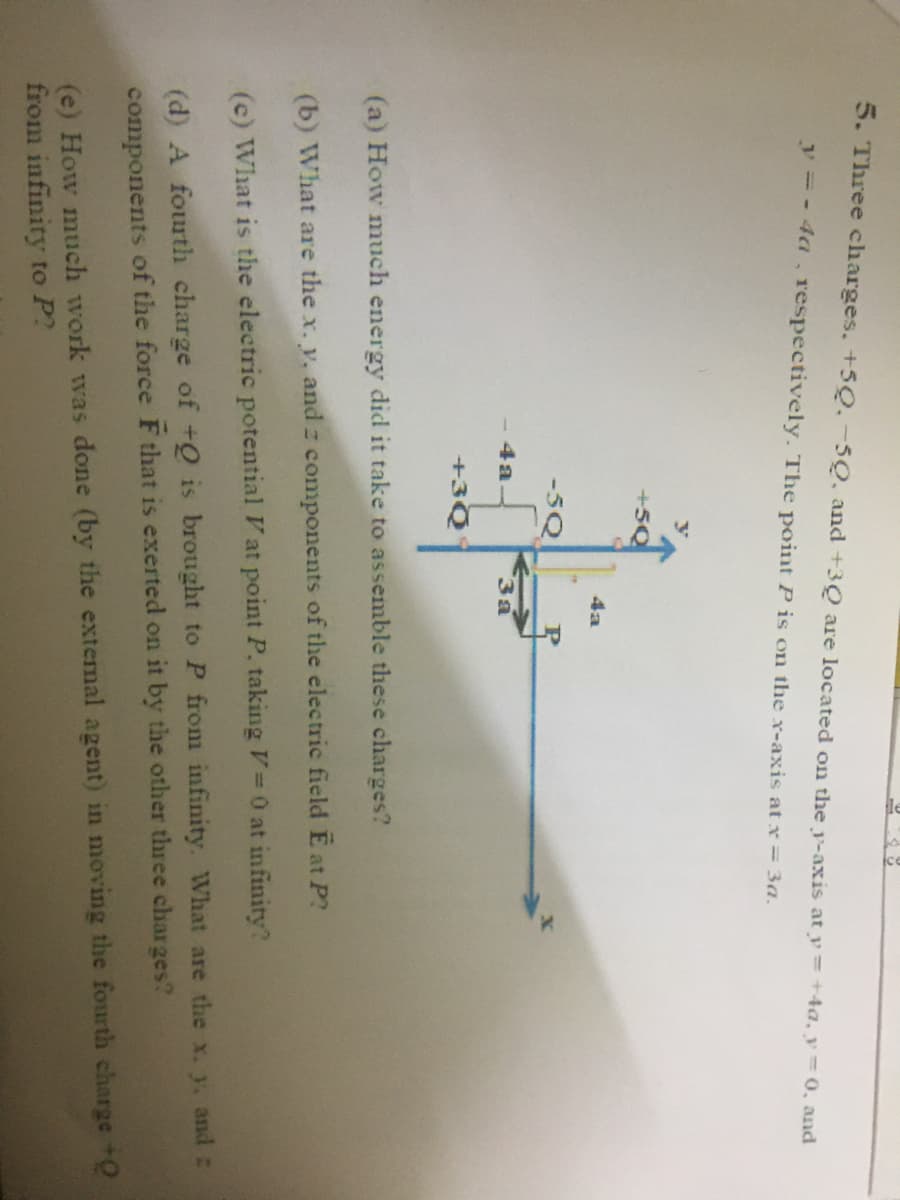 5. Three charges. +5Q.-5Q, and +3Q are located on the y-axis at y= +4a, y=0, and
y=- 4a. respectively. The point P is on the x-axis at x = 3a.
5Q
4a
-5Q
P
4a
3a
+3Q
(a) How much energy did it take to assemble these charges?
(b) What are the x. y, and z components of the electric field E at P?
(c) What is the electric potential V at point P. taking V 0 at infinity?
(d) A fourth charge of +Q is brought to P from infinity. What are the x. y, and :
components of the force F that is exerted on it by the other three charges?
(e) How much work was done (by the extemal agent) in moving the fourth charge +Q
from infinity to P?
111
