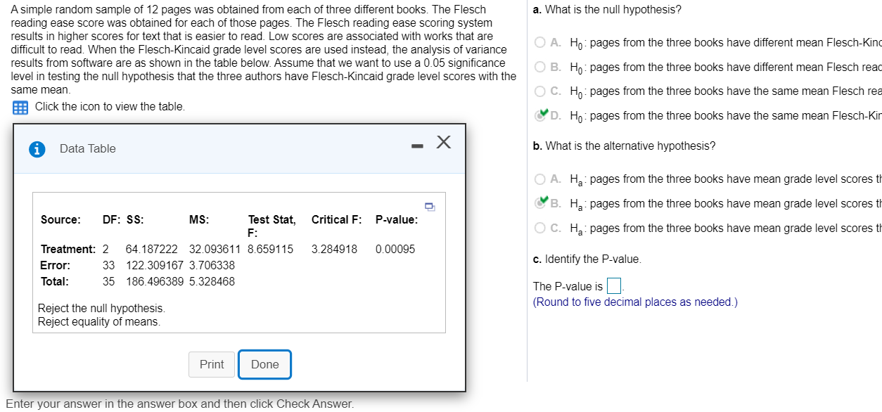 A simple random sample of 12 pages was obtained from each of three different books. The Flesch
reading ease score was obtained for each of those pages. The Flesch reading ease scoring system
results in higher scores for text that is easier to read. Low scores are associated with works that are
difficult to read. When the Flesch-Kincaid grade level scores are used instead, the analysis of variance
results from software are as shown in the table below. Assume that we want to use a 0.05 significance
level in testing the null hypothesis that the three authors have Flesch-Kincaid grade level scores with the
same mean.
a. What is the null hypothesis?
O A. Ho: pages from the three books have different mean Flesch-Kind
O B. Hn: pages from the three books have different mean Flesch read
O C. H: pages from the three books have the same mean Flesch rea
Click the icon to view the table.
VD. Hn: pages from the three books have the same mean Flesch-Kin
b. What is the alternative hypothesis?
Data Table
O A. H: pages from the three books have mean grade level scores th
OB. H,: pages from the three books have mean grade level scores th
Critical F: P-value:
Source:
DF: S:
MS:
Test Stat,
F:
O C. H: pages from the three books have mean grade level scores th
Treatment: 2
3.284918
0.00095
64.187222 32.093611 8.659115
c. Identify the P-value.
Error:
33 122.309167 3.706338
Total:
35 186.496389 5.328468
The P-value is
(Round to five decimal places as needed.)
Reject the null hypothesis.
Reject equality of means.
Print
Done
Enter your answer in the answer box and then click Check Answer.
