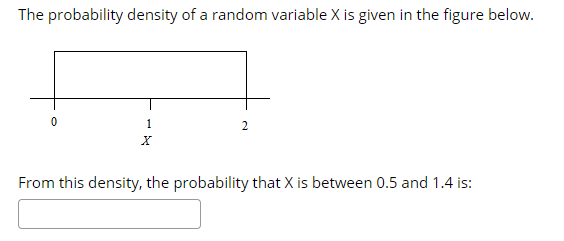 The probability density of a random variable X is given in the figure below.
1
2
From this density, the probability that X is between 0.5 and 1.4 is:
