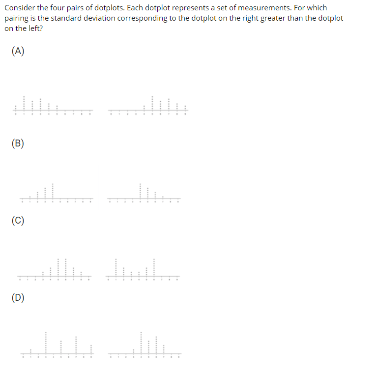 Consider the four pairs of dotplots. Each dotplot represents a set of measurements. For which
pairing is the standard deviation corresponding to the dotplot on the right greater than the dotplot
on the left?
(A)
(B)
(C)
(D)
